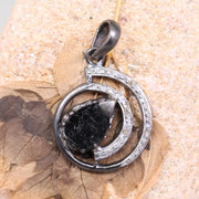 Art Deco Black Stone Teardrop Pendant Necklace – Natural White Diamond & Silver Circle Design, Handmade Unique Jewelry Gift