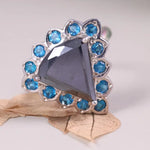 Art Deco 925 silver engagement ring with trillion cut black moissanite and blue topaz stones, unique anniversary gift jewelry