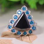Art Deco 925 silver engagement ring with trillion cut black moissanite and blue topaz stones, unique anniversary gift jewelry