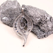 Antique Art Deco Sterling Silver Sapphire Pendant – Unique Wave Design Necklace with White Diamond Accents, Statement Jewelry Gift