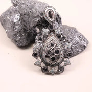 Antique natural black diamond pendant in sterling silver, Art Deco teardrop statement jewelry, pear cut unique style jewelry