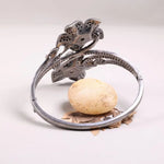 Vintage 1980s flower black diamond bangle, 925 sterling silver floral cuff bracelet with natural round diamonds, antique statement jewelry