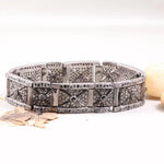 1991 vintage black diamond bracelet, Art Deco sterling silver geometric panel link, statement jewelry gift for her