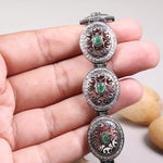 Vintage 925 sterling silver bracelet with green emerald gemstones, elegant statement link cuff, antique style jewelry gift for her