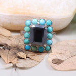 Vintage turquoise ring, 1990s Art Deco Victorian style jewelry with emerald cut black moissanite, unique statement anniversary gift
