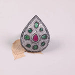 Antique Victorian style ruby and emerald gemstone ring with natural diamond, pear shape 925 sterling silver ring, elegant gift for her