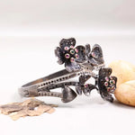 Vintage floral cuff bracelet, 925 sterling silver black oxidized bangle with green and pink ruby gemstones, unique handmade jewelry gift