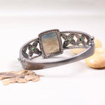 Vintage 1972 antique style silver bracelet, handmade cuff with moonstone and emerald gemstones, unique bohemian inspired jewelry