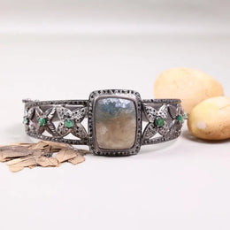 Vintage 1972 antique style silver bracelet, handmade cuff with moonstone and emerald gemstones, unique bohemian inspired jewelry