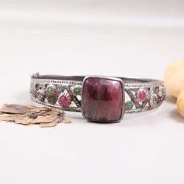 Vintage ruby square bracelet, antique style sterling silver cuff with large pink gemstone, bohemian statement jewelry and unique gift for her