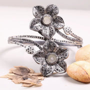 Vintage 1980s Flower Black Diamond Bangle – 925 Sterling Silver Elegant Floral Cuff Bracelet with Natural Round Diamonds, Antique Statement Jewelry