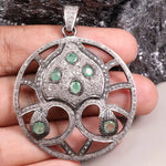 Vintage round sterling silver pendant with green stone, natural emerald and diamond accents, handmade antique jewelry gift