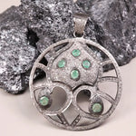 Vintage round sterling silver pendant with green stone, natural emerald and diamond accents, handmade antique jewelry gift