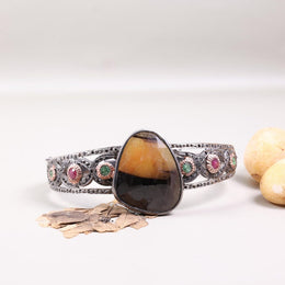 1992 vintage sterling silver cuff bracelet, antique freeform gemstone bracelet with honey yellow diamond, unique statement jewelry