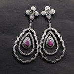 Vintage Victorian ruby teardrop dangle earrings with floral diamond accents, statement gemstone jewelry gift for her.