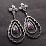 Vintage Victorian ruby teardrop dangle earrings with floral diamond accents, statement gemstone jewelry gift for her.