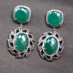 Art Deco vintage silver drop earrings with emerald green gemstones, statement dangle jewelry gift for her