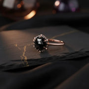 Octagon Black Diamond Engagement Ring in 14K Rose Gold, Unique Vintage Bridal Ring for Women