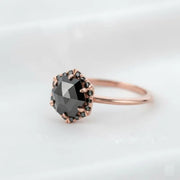 Octagon Black Diamond Engagement Ring in 14K Rose Gold, Unique Vintage Bridal Ring for Women