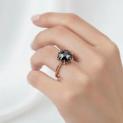 Octagon Black Diamond Engagement Ring in 14K Rose Gold, Unique Vintage Bridal Ring for Women