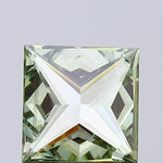 vivid green colour diamond princess cut green lab grown diamond with sharp facets on a light gray background.