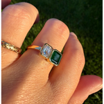 gemstone ring, emerald ring, radiant engagement ring in white gold with diamonds