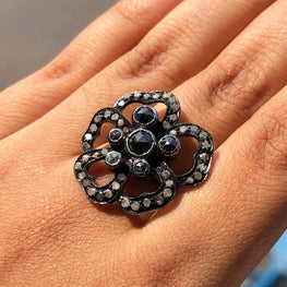 Round Rose Cut Black Floral Ring