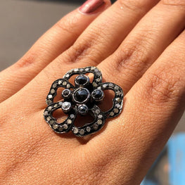 Round Rose Cut Black Floral Ring