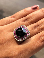 Silver Art Deco style ring with cushion cut black onyx and pink sapphire halo, bold statement cocktail gemstone jewelry gift