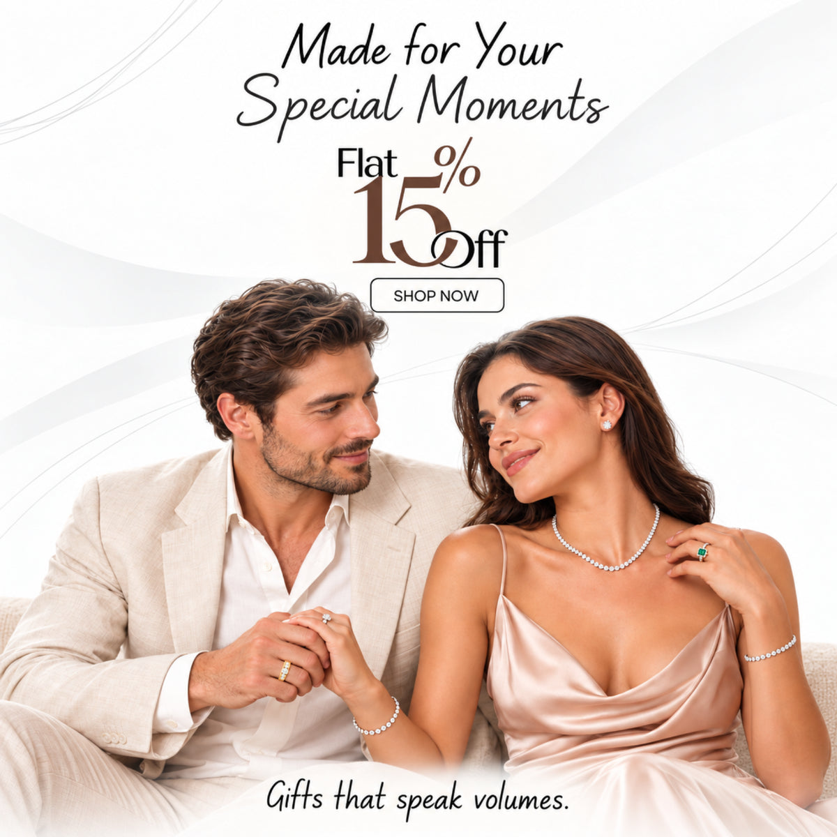 Couple wearing diamond jewelry, including a necklace, earrings, bracelets and rings, with a flat 15% off offer on jewelry gifts for special moments.