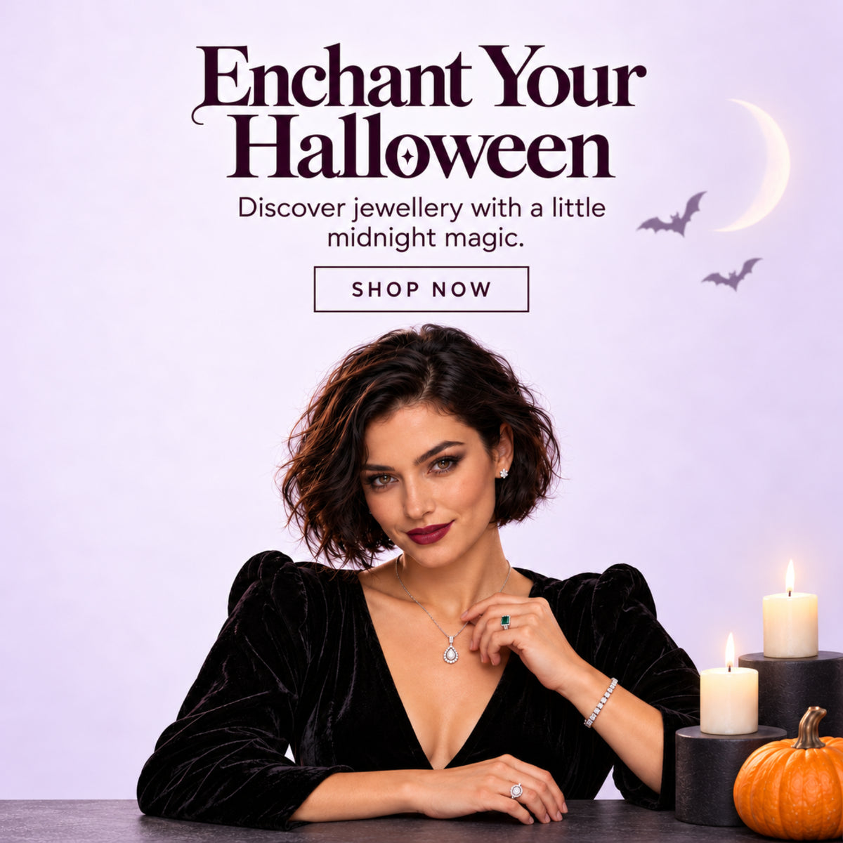 Woman wearing a pendant necklace, stud earrings, tennis bracelet and rings in a Halloween jewelry collection banner with candles and a pumpkin.