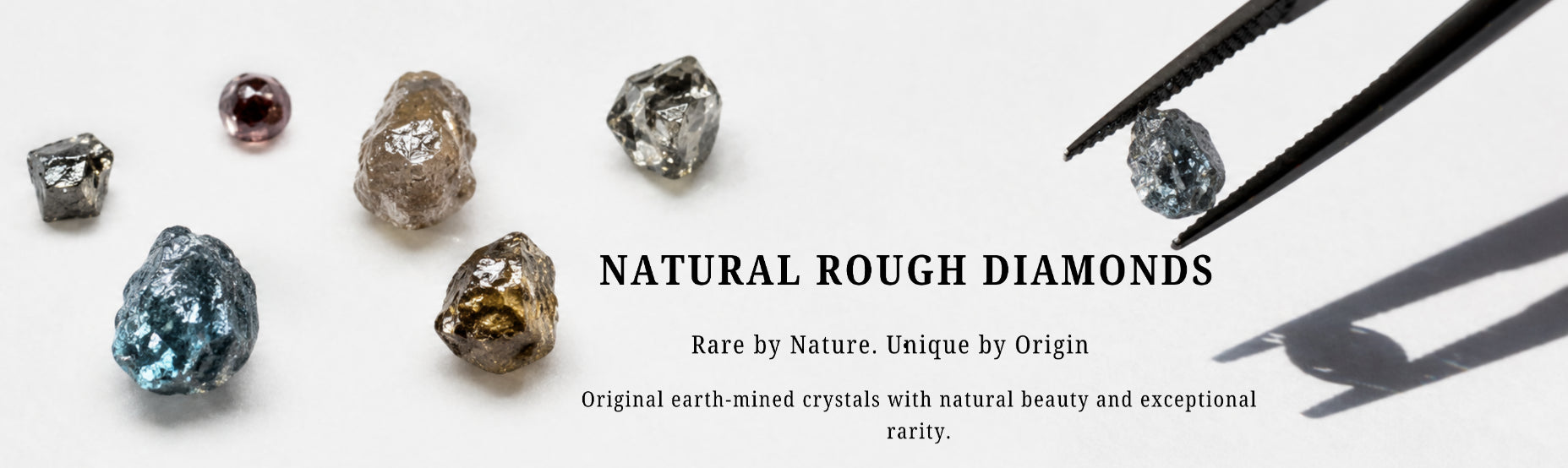 Several rough natural diamonds are displayed on a white background, with one held by black tweezers in the upper right. Text in the center reads 'NATURAL ROUGH DIAMONDS' with smaller descriptive copy below.