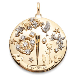 Round gold floral bird diamond medallion pendant