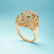 2.14 Ct lab grown diamond lion ring for men with pavé setting and 0.18 Ct lab created gemstone, bold luxury statement jewelry