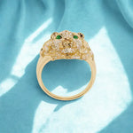 2.14 Ct lab grown diamond lion ring for men with pavé setting and 0.18 Ct lab created gemstone, bold luxury statement jewelry