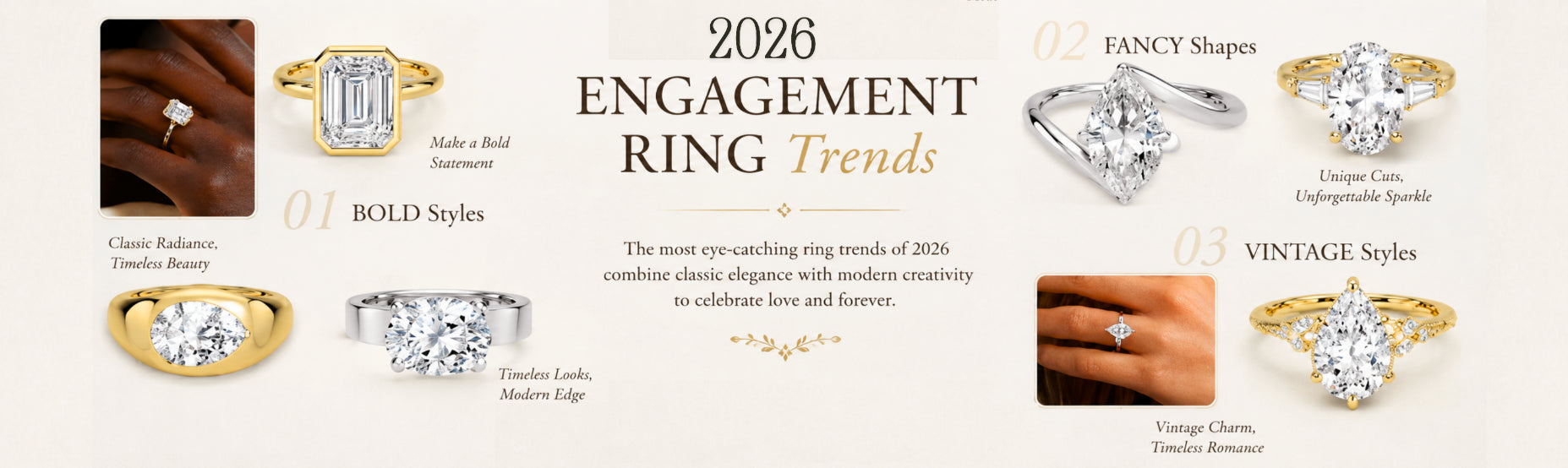 A promotional infographic titled '2026 ENGAGEMENT RING Trends' showing several ring designs with labels such as bold styles, fancy shapes, and vintage styles, alongside small inset photos of hands wearing rings.