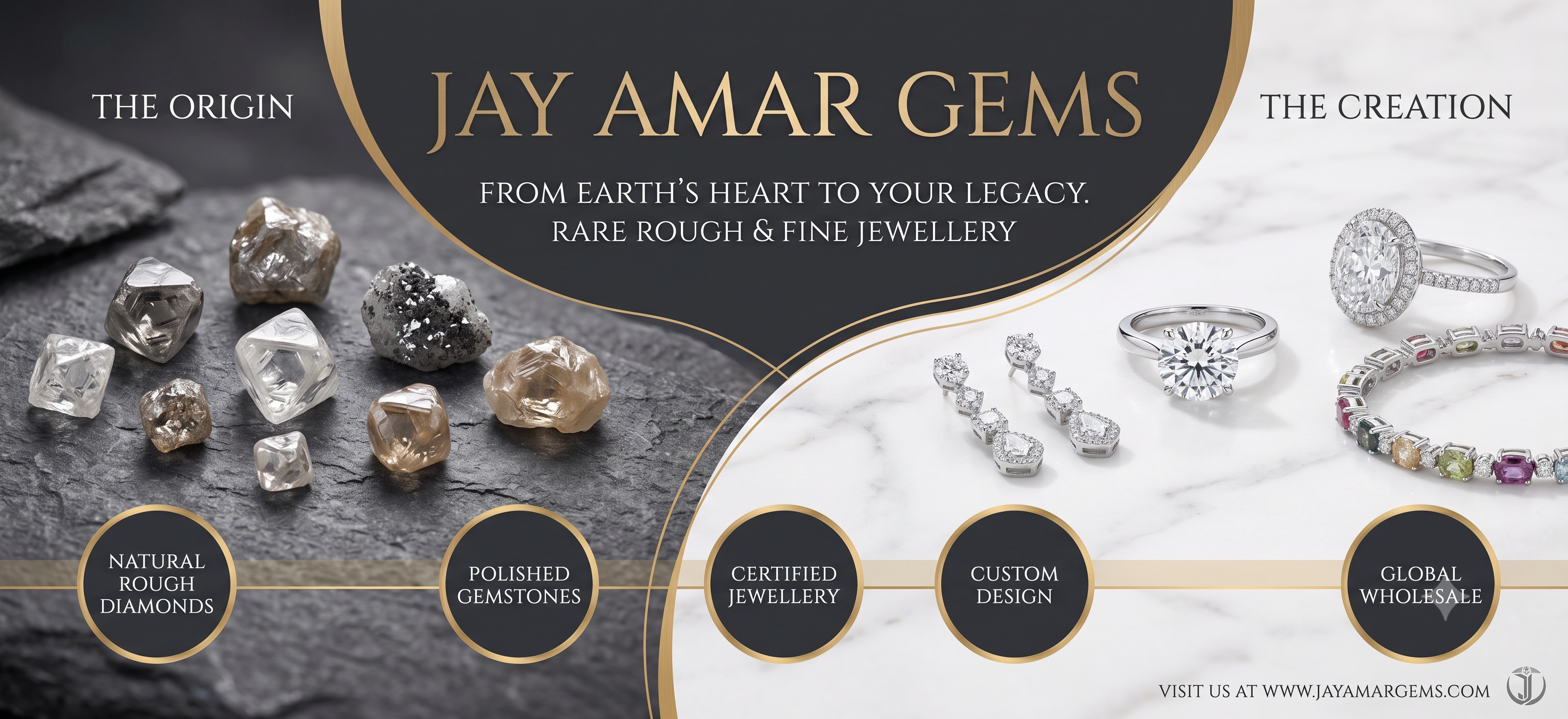 A promotional banner for Jay Amar Gems showcasing raw diamonds and finished jewelry. The left side displays various raw diamonds on a dark slate background, labeled 'The Origin'.