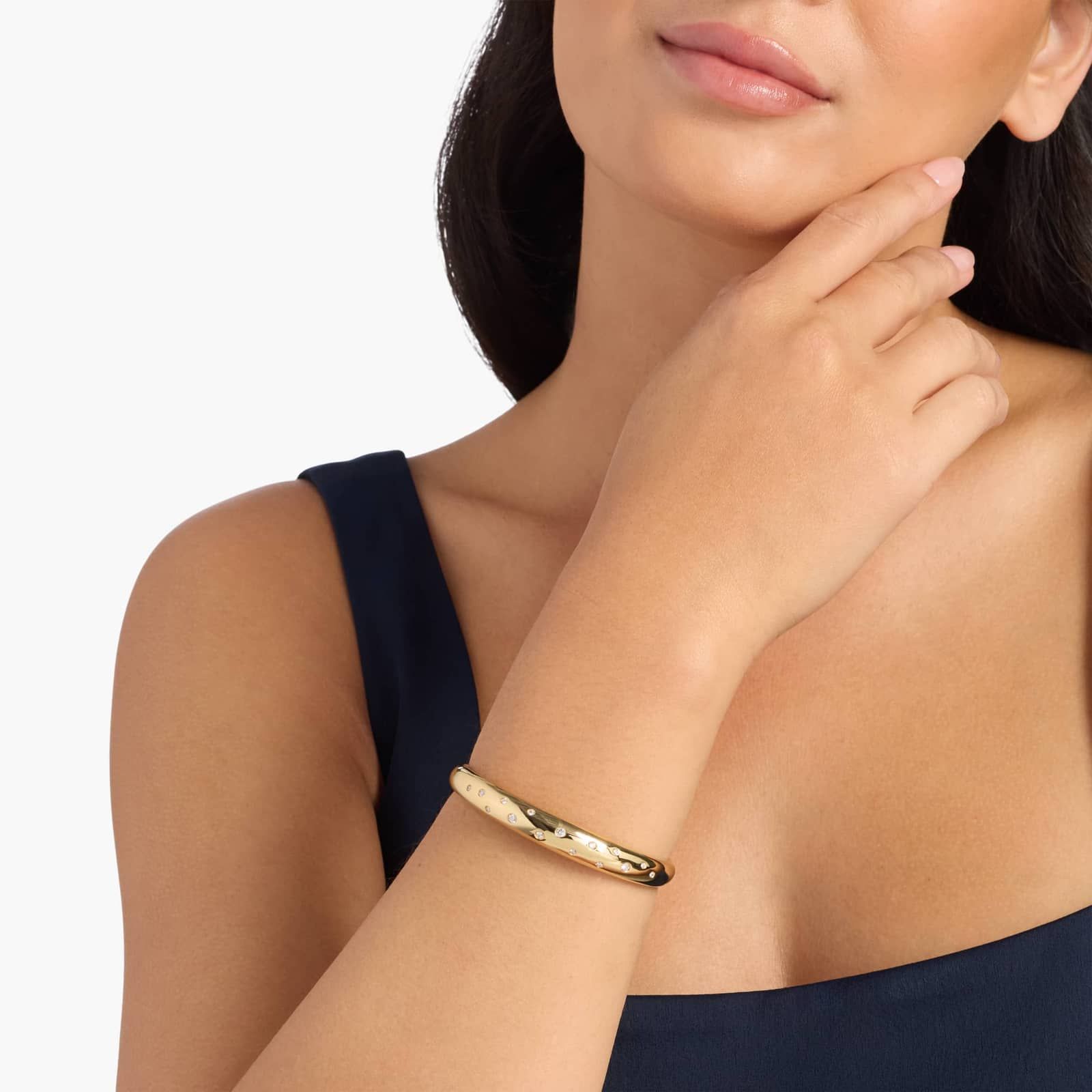 Scattered Diamond Puffy Bangle Bracelet In 14K Yellow Gold Plated