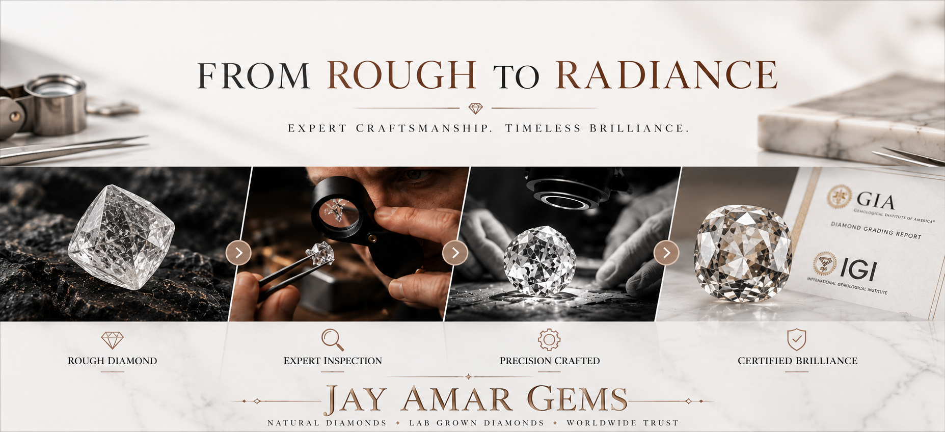A promotional banner for Jay Amar Gems featuring the text 'FROM ROUGH TO RADIANCE' and 'EXPERT CRAFTSMANSHIP. TIMELESS BRILLIANCE.