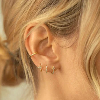 Stunning Cross Yellow Plated Dainty Huggie Earrings