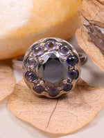 Silver ring with purple gemstones on a beige background with dried leaves