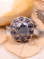 Silver ring with purple gemstones on dried leaves