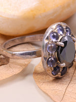 Silver ring with purple gemstones on a leafy background