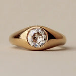 Round brilliant cut lab grown diamond solitaire ring, bezel set yellow gold, vintage 3 carat diamond ring, cushion cut engagement ring style.