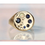 celestial gemstone opal & blue diamond signet ring in yellow gold vintage inspired starry ring zodiac diamond blue zircon stone