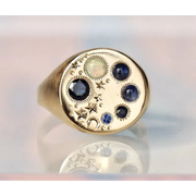 celestial gemstone opal & blue 2.77 Ct diamond signet ring in yellow gold vintage inspired starry ring zodiac diamond blue zircon stone