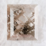 Emerald cut lab grown diamond featuring dramatic salt and pepper style inclusions with natural branching patterns, clear faceting and a unique galaxy-like internal structure.