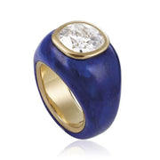 Vintage Lapis Lazuli Gold Ring with 3 Ct Old Mine Cushion Lab Grown Diamond, Bezel Set Antique Statement