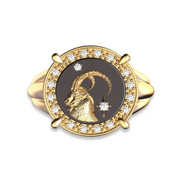 Capricorn Zodiac Ring in Yellow Gold with Lab Grown Diamonds & Black Enamel | Astrology Statement Jewelry
