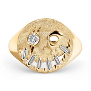 Modern Smiley Face Gold Signet Ring with Round & Baguette Lab Grown Diamonds, Unique Artistic Statement